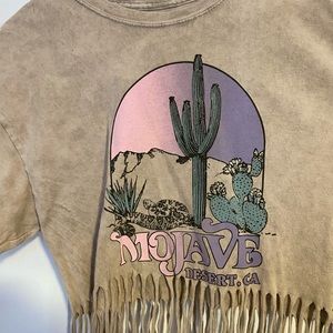 LG stringed cut crop shirt with words Mojave desert. Strings can tie together.